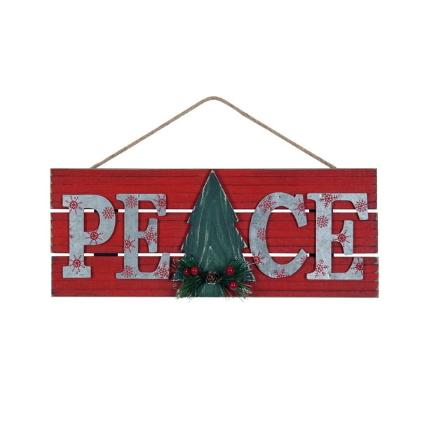 Holiday Time Wood and Metal Christmas Tree Peace Hanging Sign