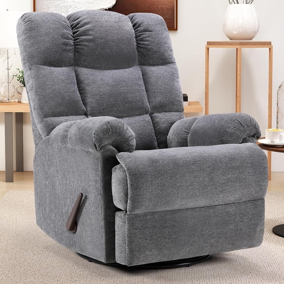 CANMOV Swivel Rocker Recliner for Adults, Glider Rocking Reclining Chair for Nursery, Manual Recliner Chair with Overstuffed Back and Arms for Living Room Bedroom Nursery, Grey