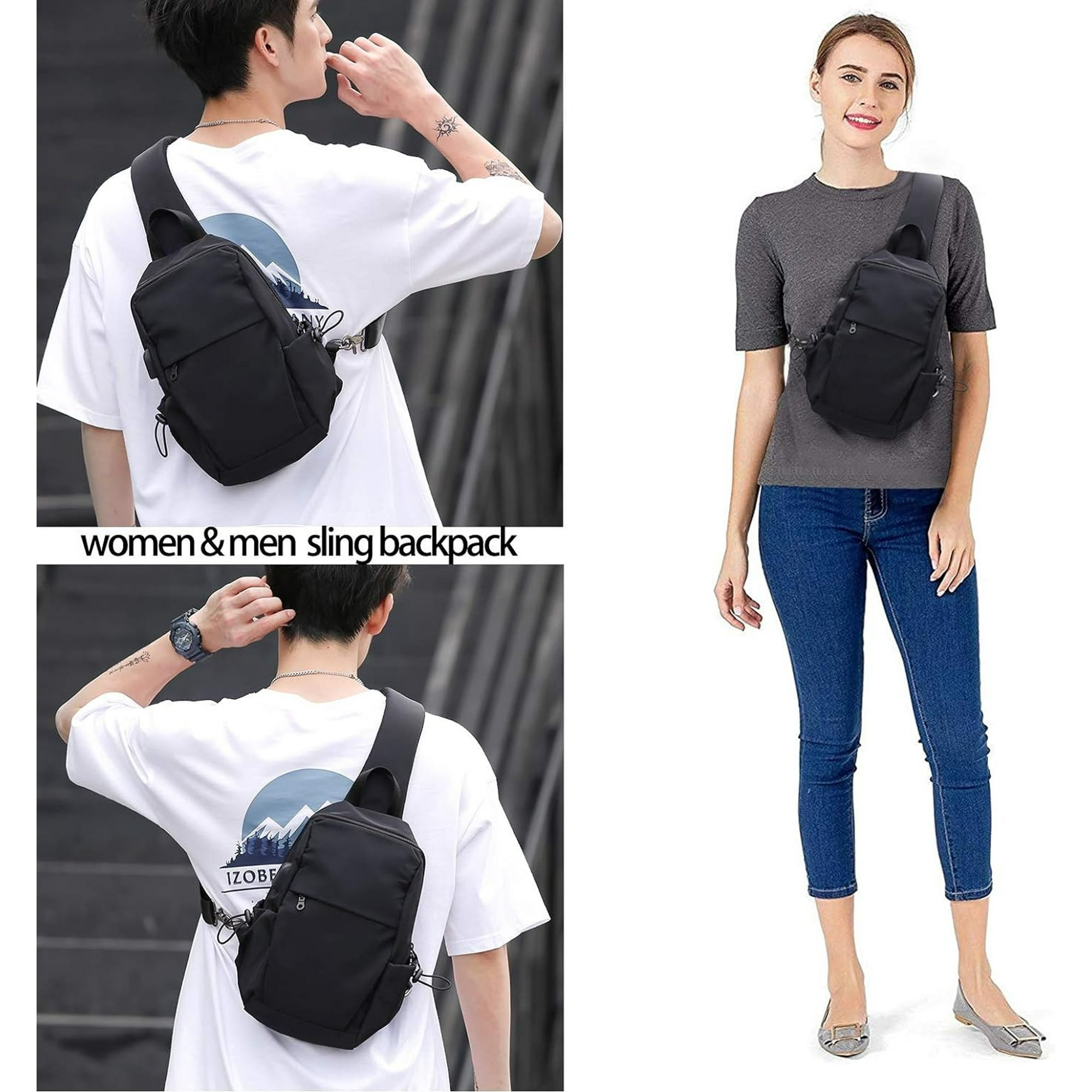 Small Black Sling Crossbody Backpack Shoulder Bag for Men Women Lightweight One Strap Sling Bag Backpack Travel Cycling USB Charger Port Nylon