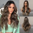 thumbnail image 3 of Pelucas europeas y americanas, cabello largo y rizado para mujer, ondas grandes, temperamento gradual, cabello medio rizado, fibra de seda de alta temperatura, 24 pulgadas al día, 3 of 5
