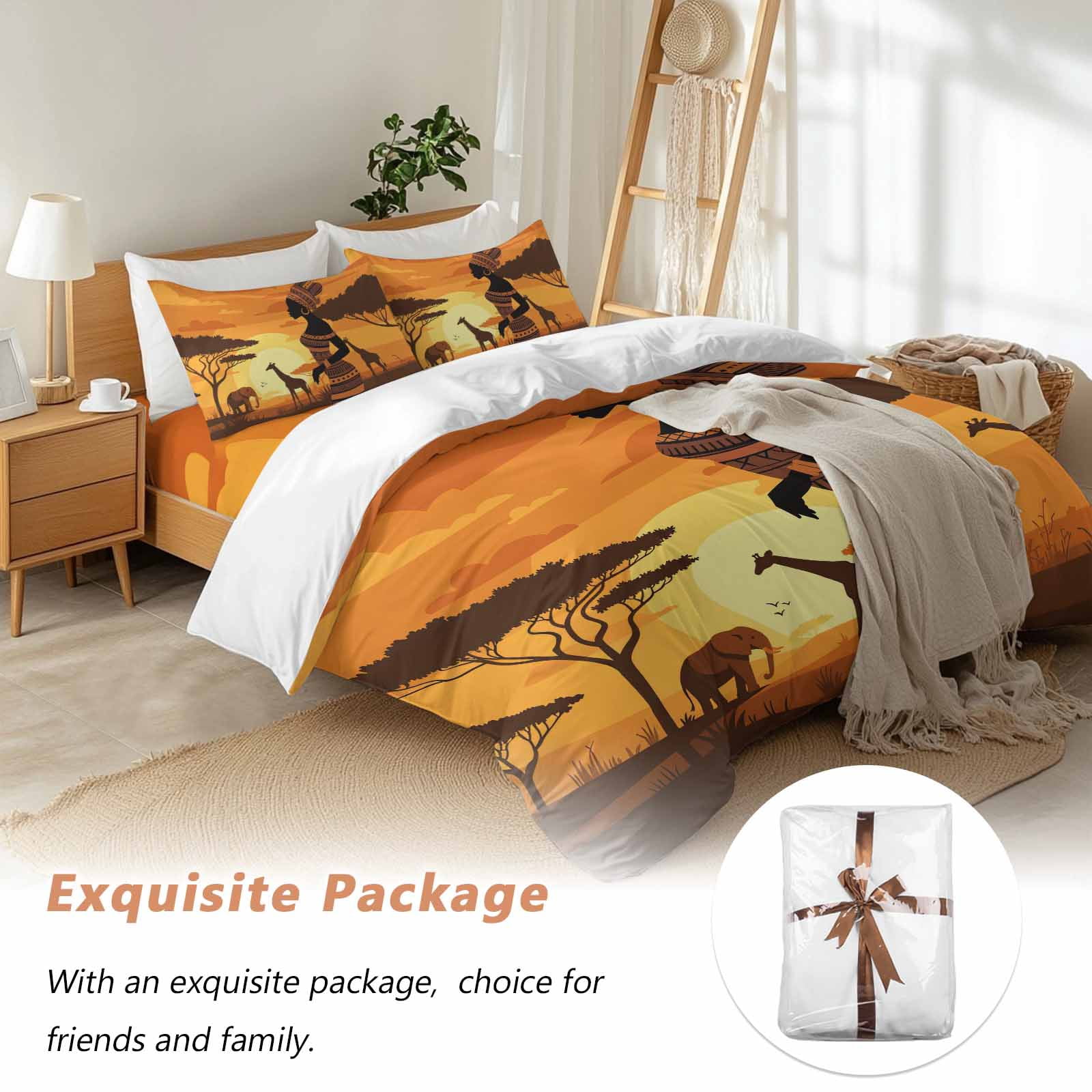 Black Women Bedding Duvet Cover Set Queen Size 4 Pieces Africa Nation Elephant Giraffe Desert Sunset Bedding Set with Zipper Closure, 1 Comforter Cover 90x92 Inches 1 Flat Sheet & 2 Pillow Cases