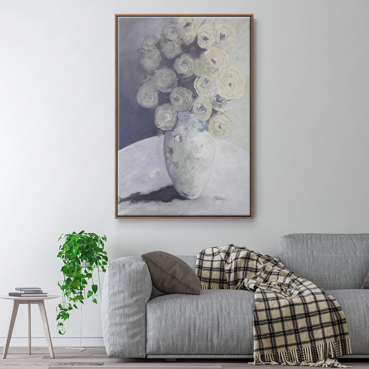 Green Vase with Yellow Flowers Framed Premium Gallery Wrapped Canvas - Ready to Hang - 17 x 25 - Walnut Floating Frame