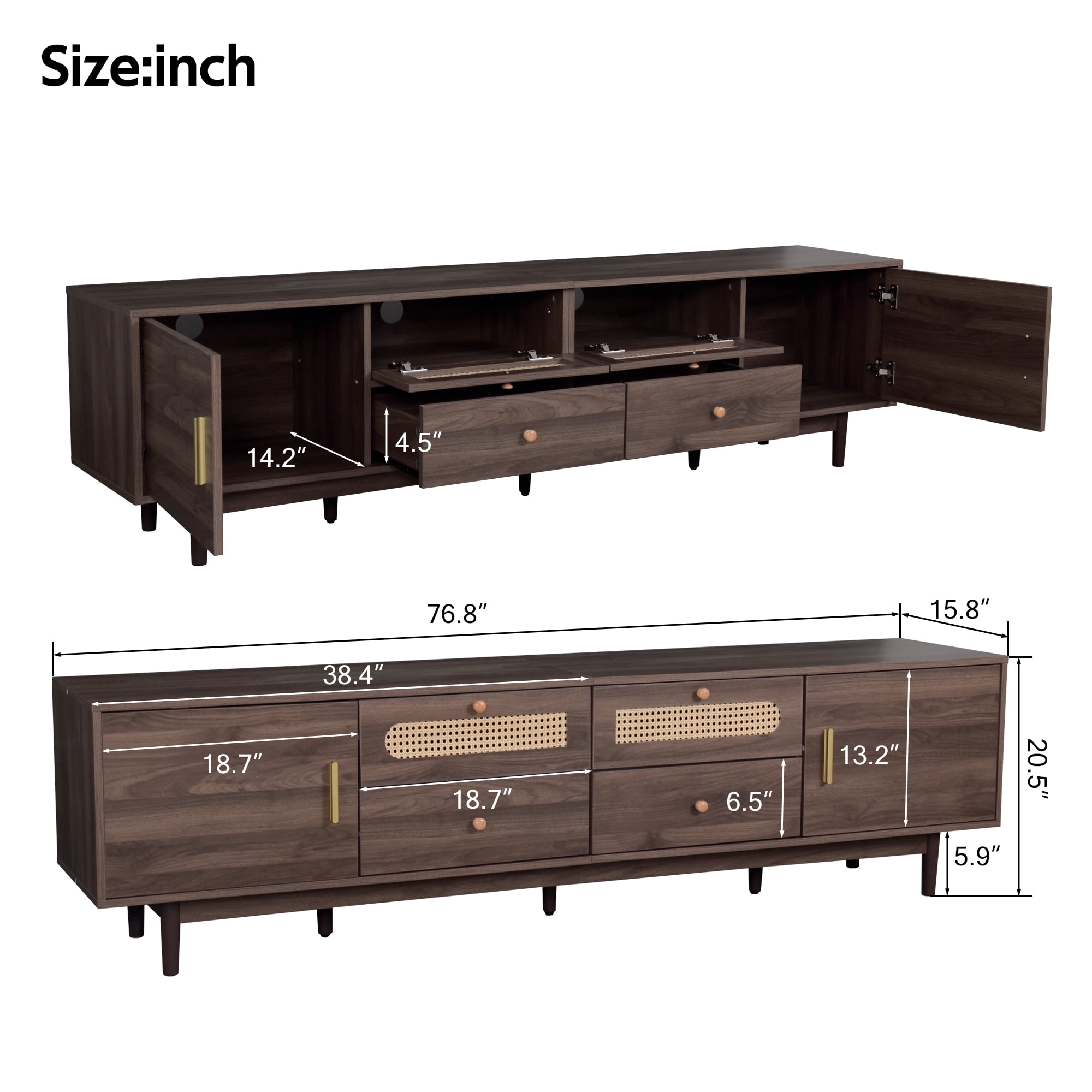 Rattan & Wood TV Stand, Modern Entertainment Center with 2 Large Drawers, 2 Drop-Down and 2 Soft-Closing Doors, Supports 110 Lbs, Dark Brown