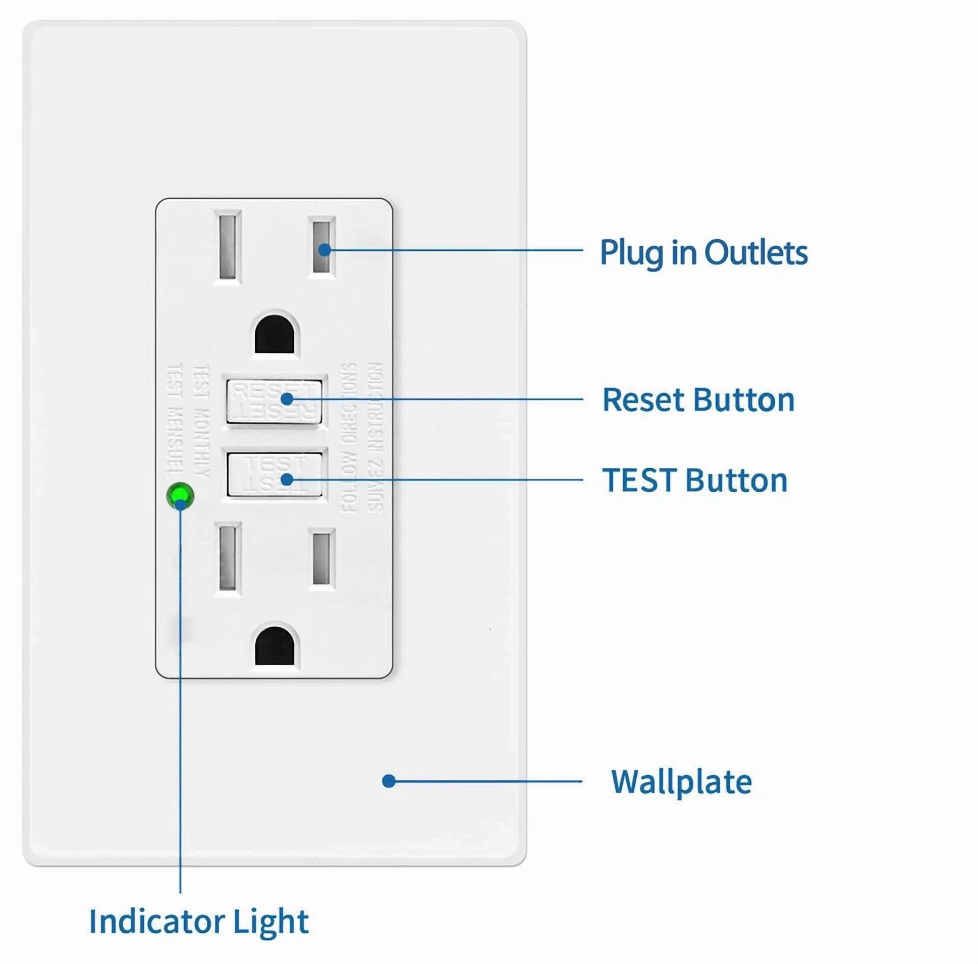 15 Amp Gfci Outlet Led Indicator Ground Fault Circuit Interrupter Non-Tr Kitchen