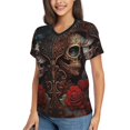 thumbnail image 2 of Women T Shirts Short Sleeve Summer V Neck Tops, Skulls Lovers Day Of The Dead Red Roses, 2 of 6