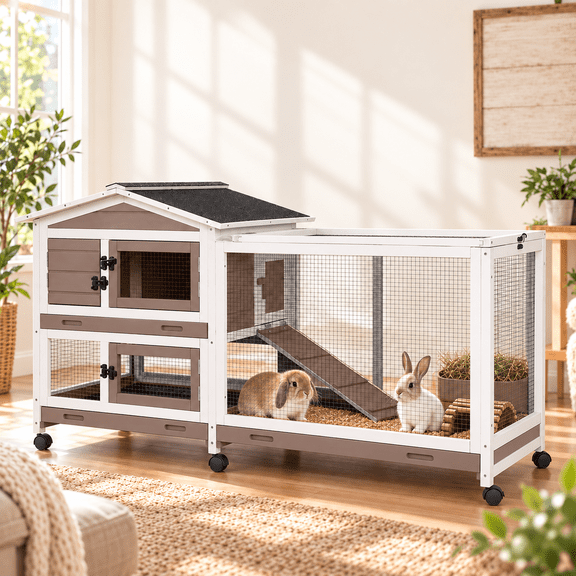 MEDEHOO 61" 2-Story Outdoor Rabbit Hutch on 6 Wheels, Large Wooden Bunny Cage with 3 Deep Front and Back Pull-Out Plastic Trays, Weatherproof Guinea Pig House, Gray