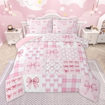 Homewish Cute Pink Bowknot Bedding Comforter Set for Kids, Cartoon Buffalo Plaid Twin Comforter Sets, Princess Ribbon Reversible Bedding Set, Luxury Bedroom Decor, 2 Pieces
