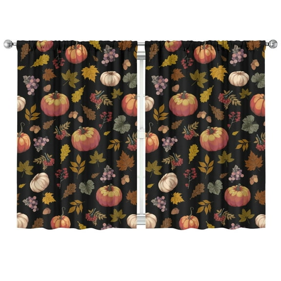 Set of 2 Rustic Fall Kitchen Curtains - Harvest Season Pumpkin Design with Maple Leaf & Plaid Pumpkins, Farmhouse Window Treatment Panels, 42x63 Inch