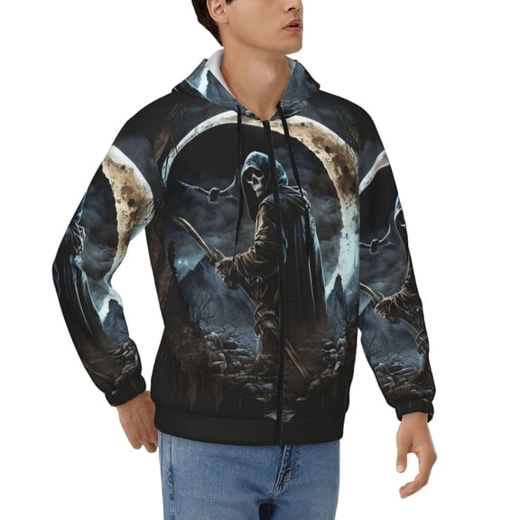 Mens Full Zip Hoodies Sweashirts Jacket Hooded Sweatshirt, Cool Grim Reaper Night Skull Moon