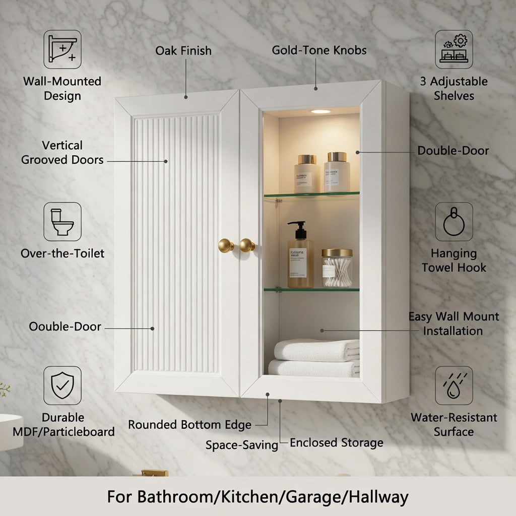 Hommoo Modern LED Bathroom Medicine Cabinet with Anti-Fog Mirror & Soft White Lighting, Wall-Mounted Aluminum-Plastic Two-Door Vanity Storage, White