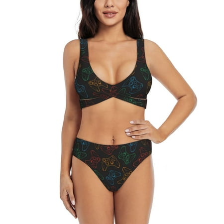 Zeuib Gamepad Joystick Game High Waisted Tummy Control Bikini Set - Knot Front Push Up Top & Cheeky Thong Bottom  Two-Piece Swimsuit for Women-Small