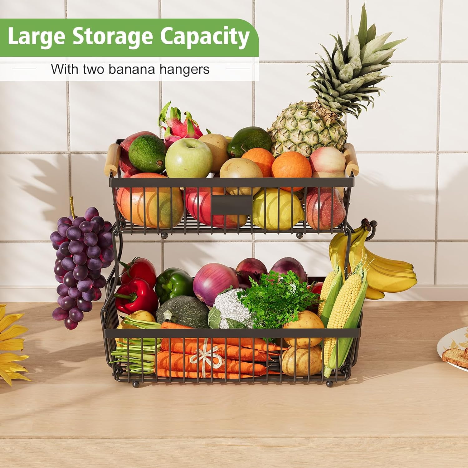 2 Tier Fruit Basket for Kitchen Counter with 2 Banana Hangers, Countertop Metal Bread Basket with Wooden Handle, Large Storage Stand for Vegetables, Snacks, Eggs, Produce Storage – Black