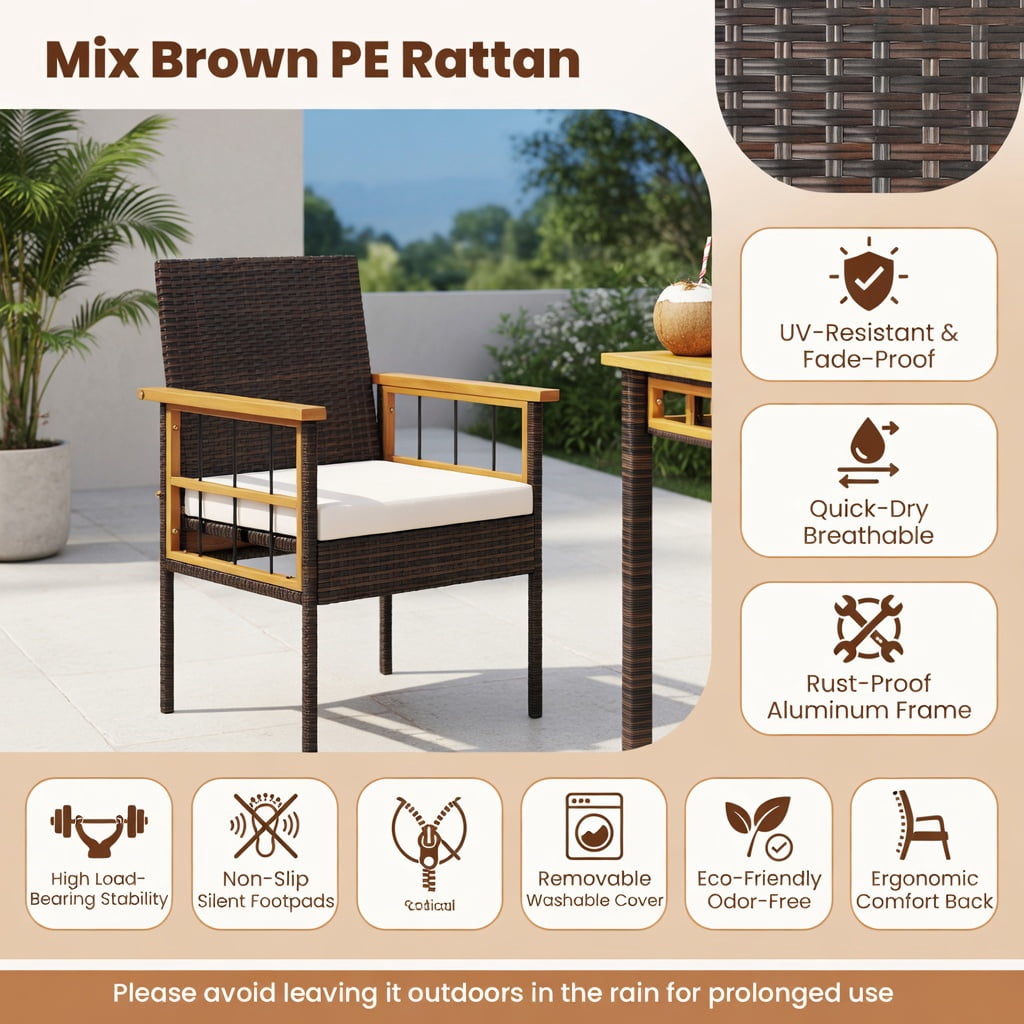 Hommoo 2-Piece Acacia Wood Patio Dining Chair Set with Removable Cushions, PE Rattan & Metal Frame, Ergonomic Design for Porch, Patio & Poolside, White
