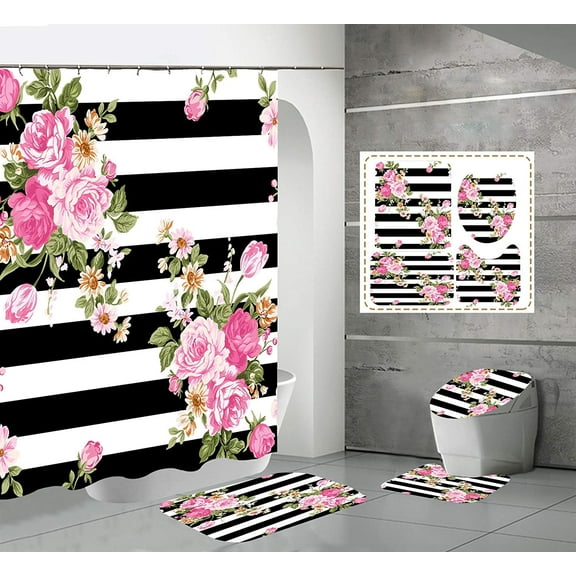 4 Pcs Pink Flower on Black Striped Shower Curtain Set Grey and White Bathroom Sets with Shower Curtain and Rugs Modern Home Bathroom Decor Shower Curtains with Rugs and Toilet Lid Cover