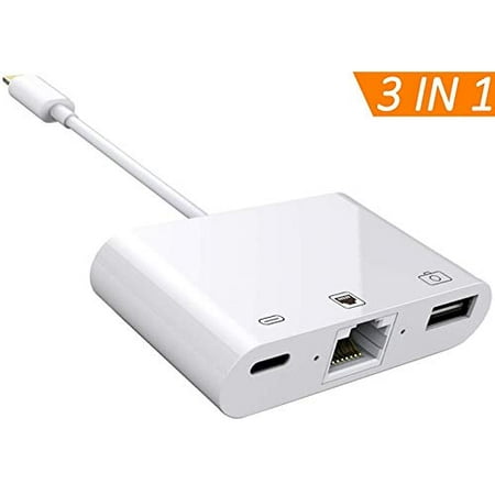 RJ45 Ethernet Network LAN Wired Adapter, 3 in 1 OTG USB Camera Adapter Reader with Charging & Data Sync Port Compatible with iPhone/iPad/Pad Touch Support iOS 10.0 and