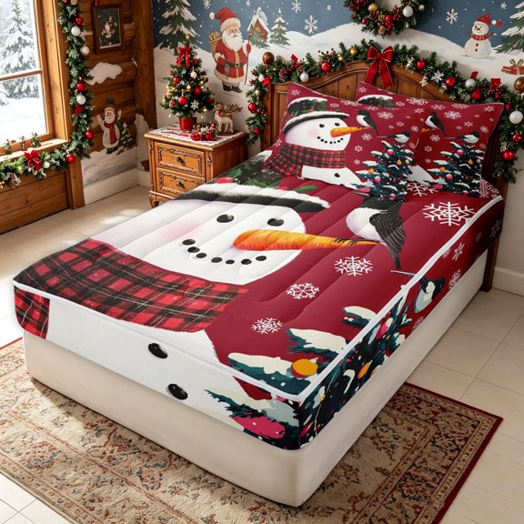 Erosebridal Classic Snowman Zipper Twin Comforter Sets with Fitted Sheet and 2 Pillowcases for Boys Girls, Xmas Pine Tree Bird Zipper Bedding Set, Christmas Reversible, 4pcs