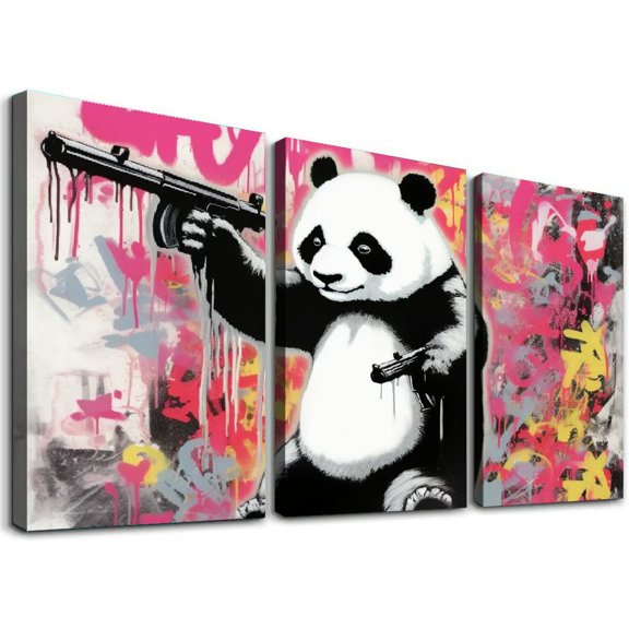 Shadudu Panda Graffiti Wall Decor Set for Living Room Bedroom Office Ready to Hang 3 Piece Triptych 12"x16"x3pcs