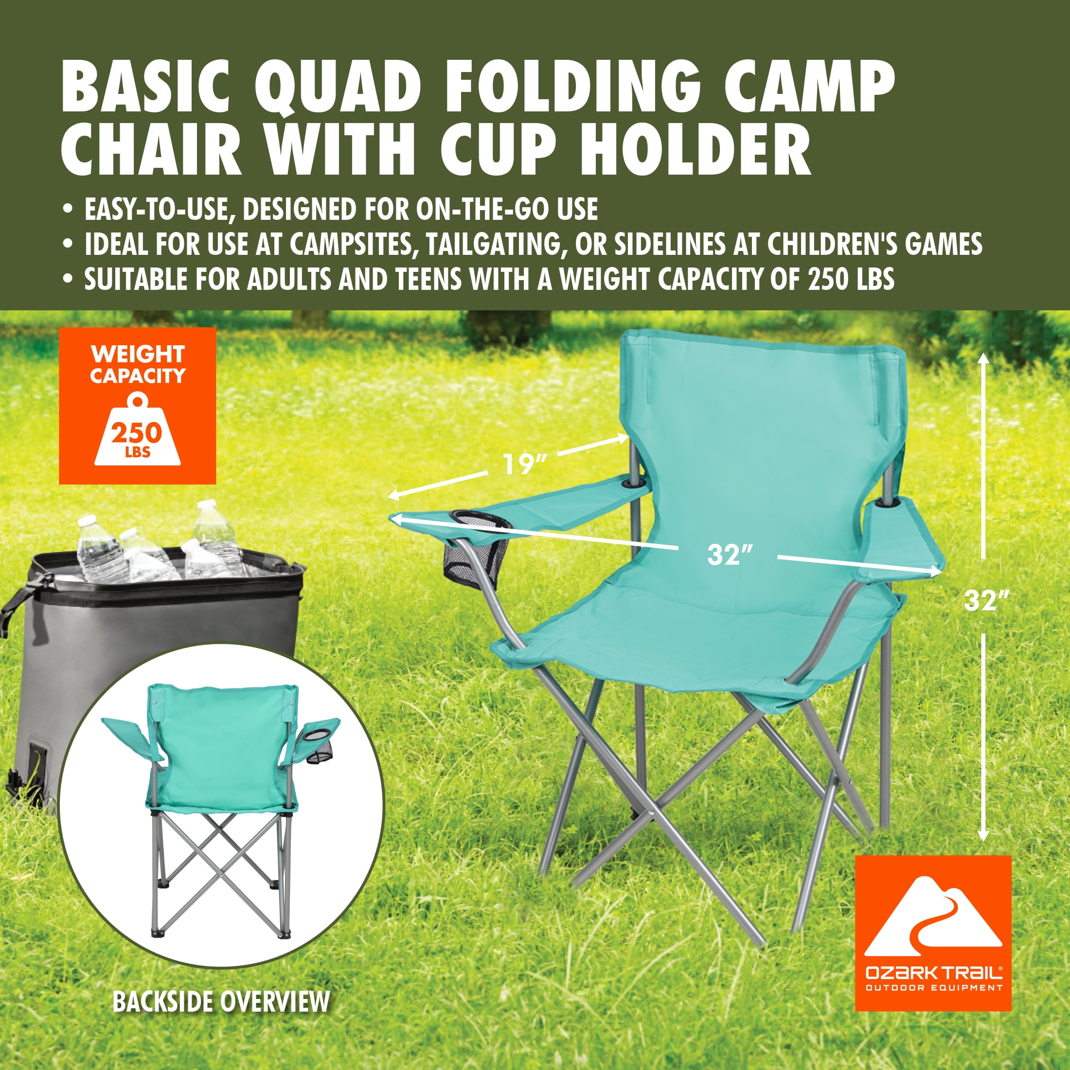 Ozark Trail Quad Folding Camp Chair with Cup Holder, Green Sea