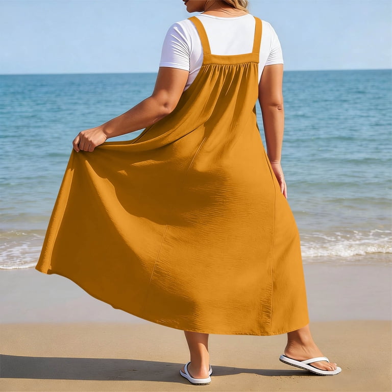 3xl long dresses Qulqfy Plus Size Womens Summer Dresses Maxi Casual Cotton Sleeveless Solid Button Square Neck Pinafore Dress Ruched Yellow Beach Long Dresses 3XL,