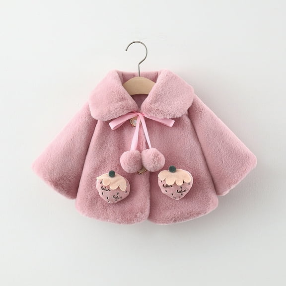 Lilgiuy Toddler Girls Warm Fleece Jacket Cute Strawberry Solid Color Pom Fur Warm Thick Cloak Coat for Christmas Purple
