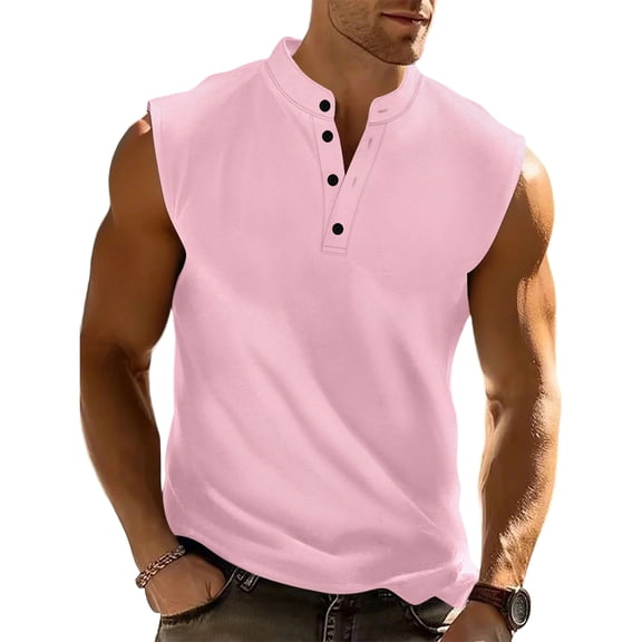 LTTVQM Mens Henley Shirts Sleeveless Spring Summer Collar Button Up Casual Tops Slim Fit Comfy Workout Fitness Athletic T-Shirts Pink 3XL