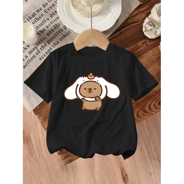 Adorable Capybara Print Girls' T-Shirt - Soft Cotton Blend, Crew Neck, Short Sleeve, Machine Washable - Perfect for Summer Casual Wear, Capybara T Shirt