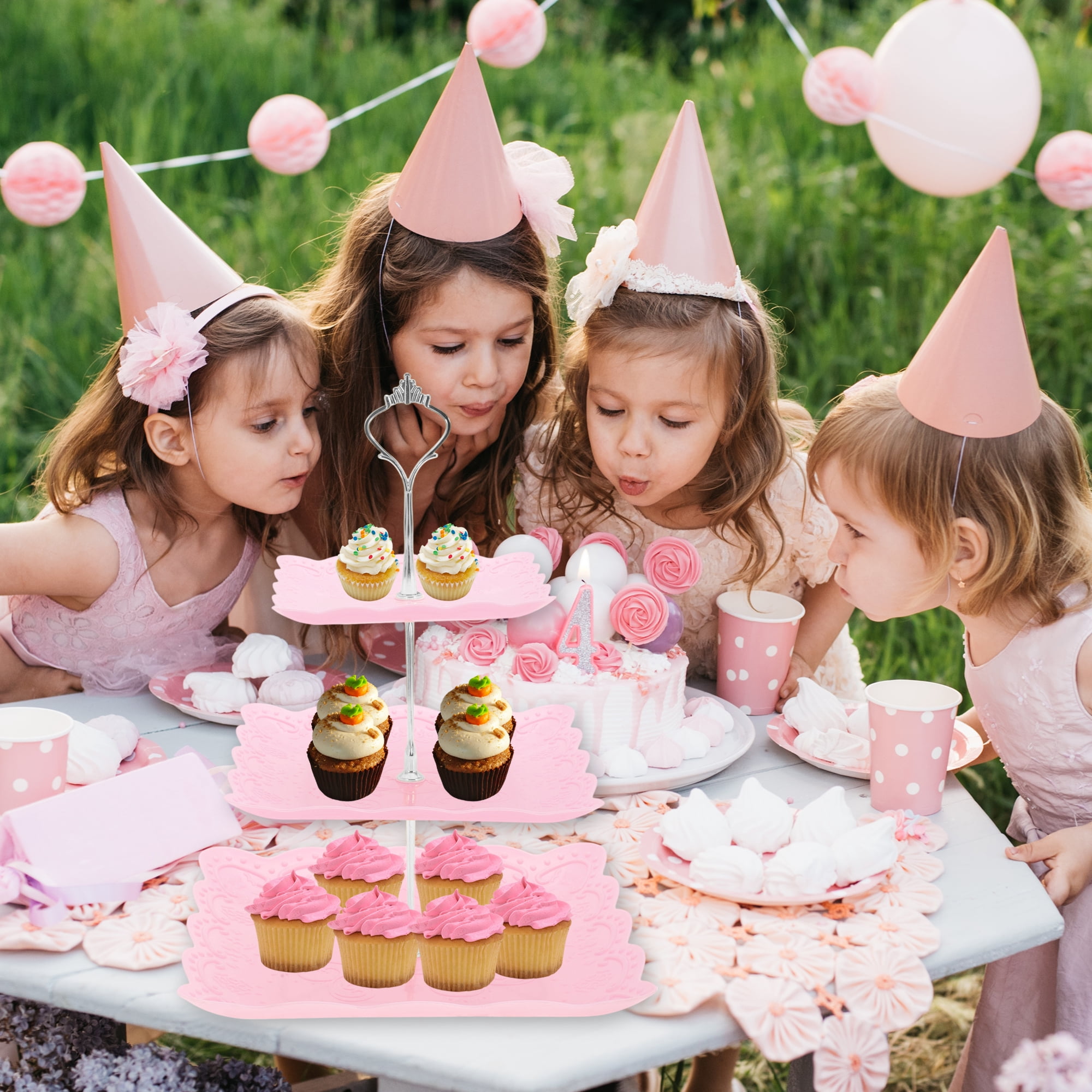 Unique Bargains 3 Tier Cupcake Stand Holder for Donuts Fruits, Pink Silver Tone