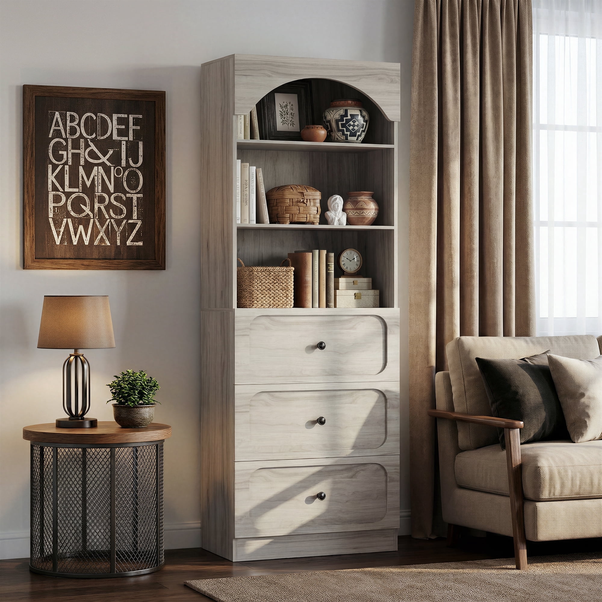 Homieasy 80" Tall Arched Bookcase with 3 Drawers & 3 Open Shelves - Wooden Storage Cabinet for Living Room, Kitchen, Office,White Oak