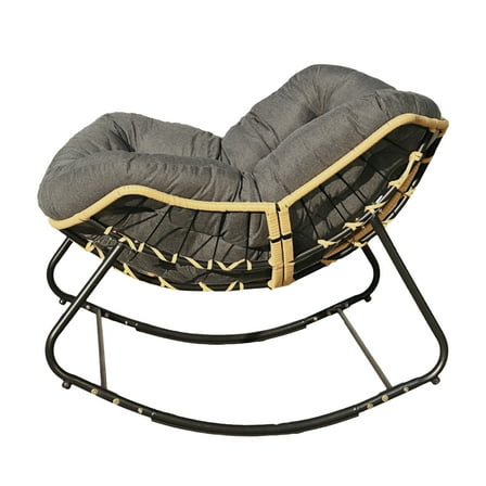 Larger Outdoor Rocking Chair, Patio Egg Rocking Chair, Indoor Papasan Chair, Rattan Wicker Lounge Chair, and a Modern Royal Chair for the Bedroom, Living Room, Porch, Garden, and Lawn - in Dark Grey.