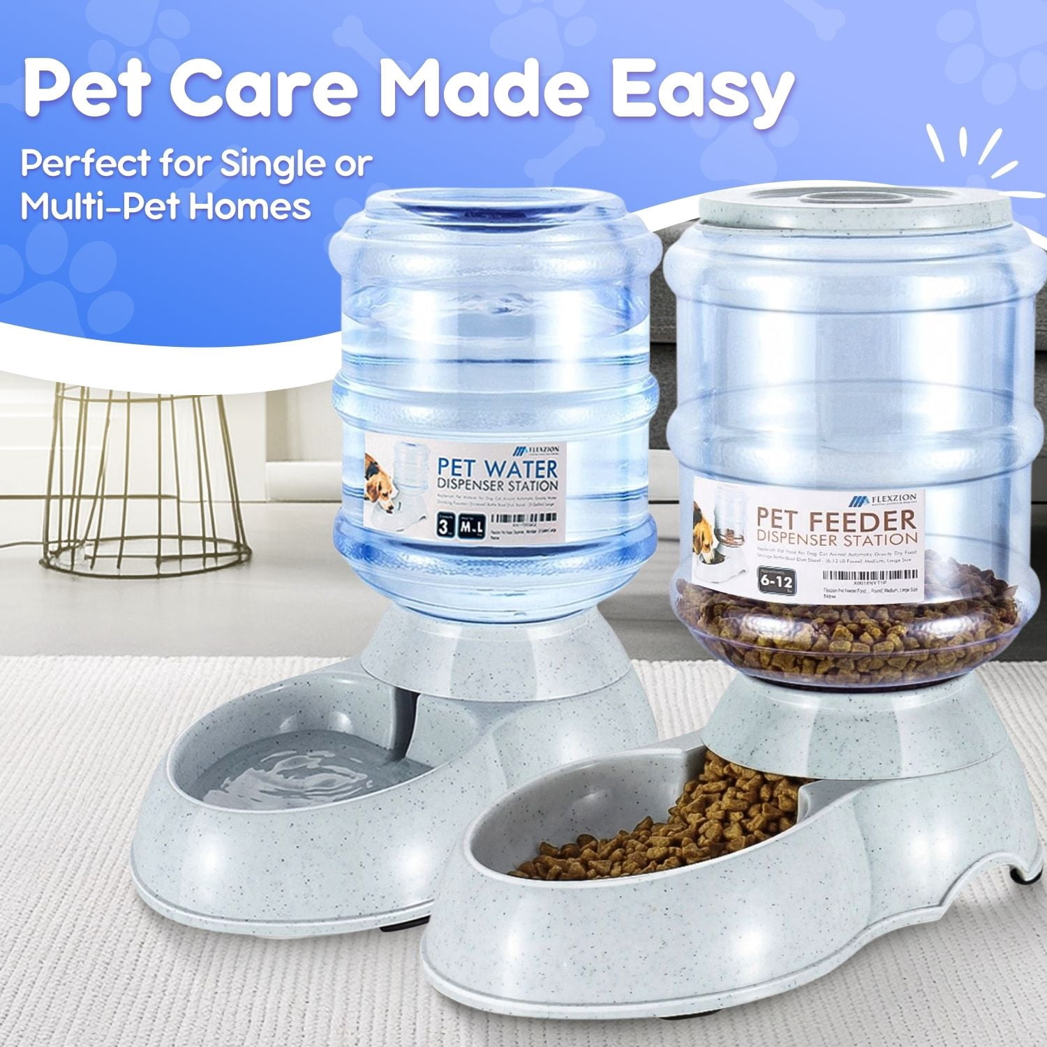 Flexzion Gravity 3.0 Gal Automatic Pet Feeder with Bowls for Medium Pets (2 Pack)
