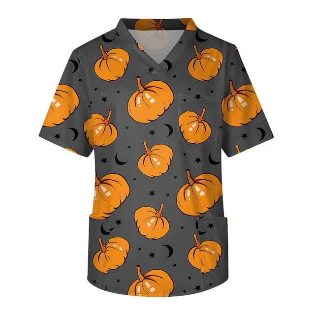 Men's Short Sleeve V-Neck Halloween Print Chest Pocket Care TopXL