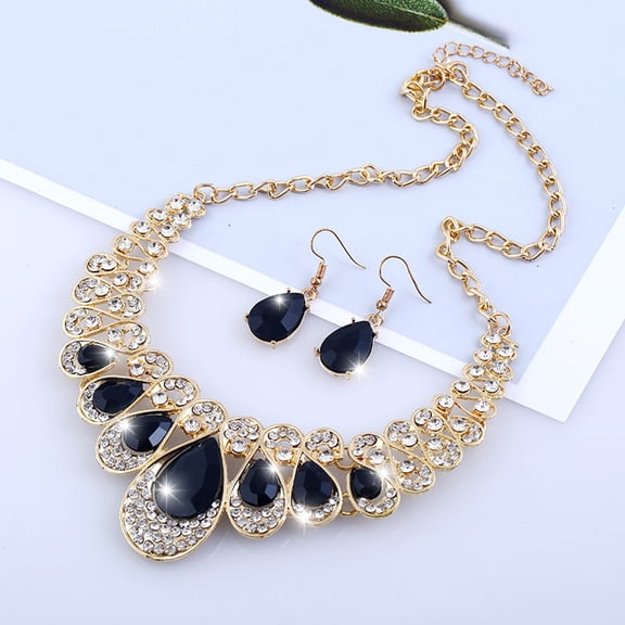 QIQUWOHUL Drop Rhinestone Pendant Necklace And Earrings Jewelry Sets For Women Wedding Costume Engagement Accessories