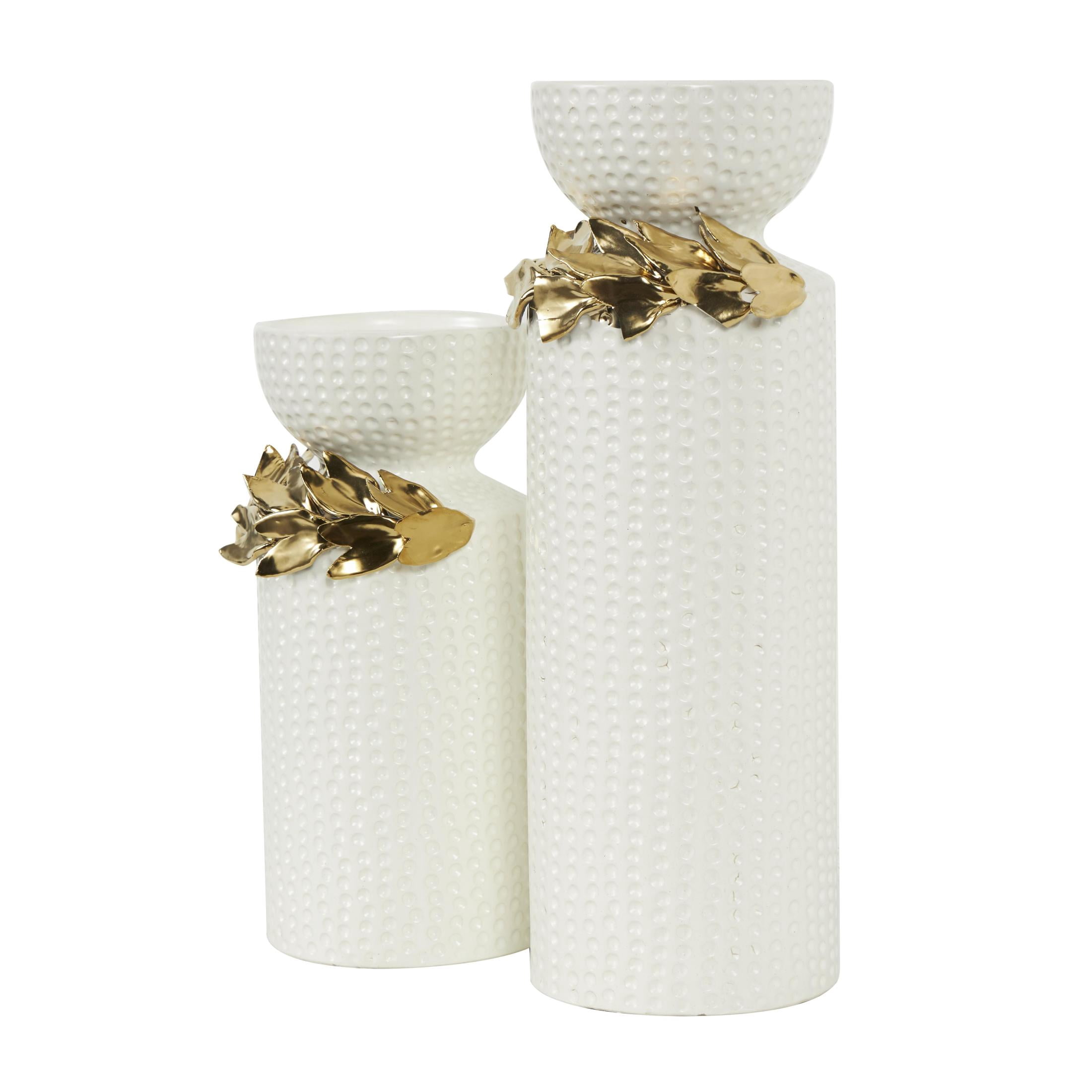 DecMode 2 Candle White Ceramic Leaf Candle Holder with Abstract Spotted Pattern and Gold Accents, Set of 2