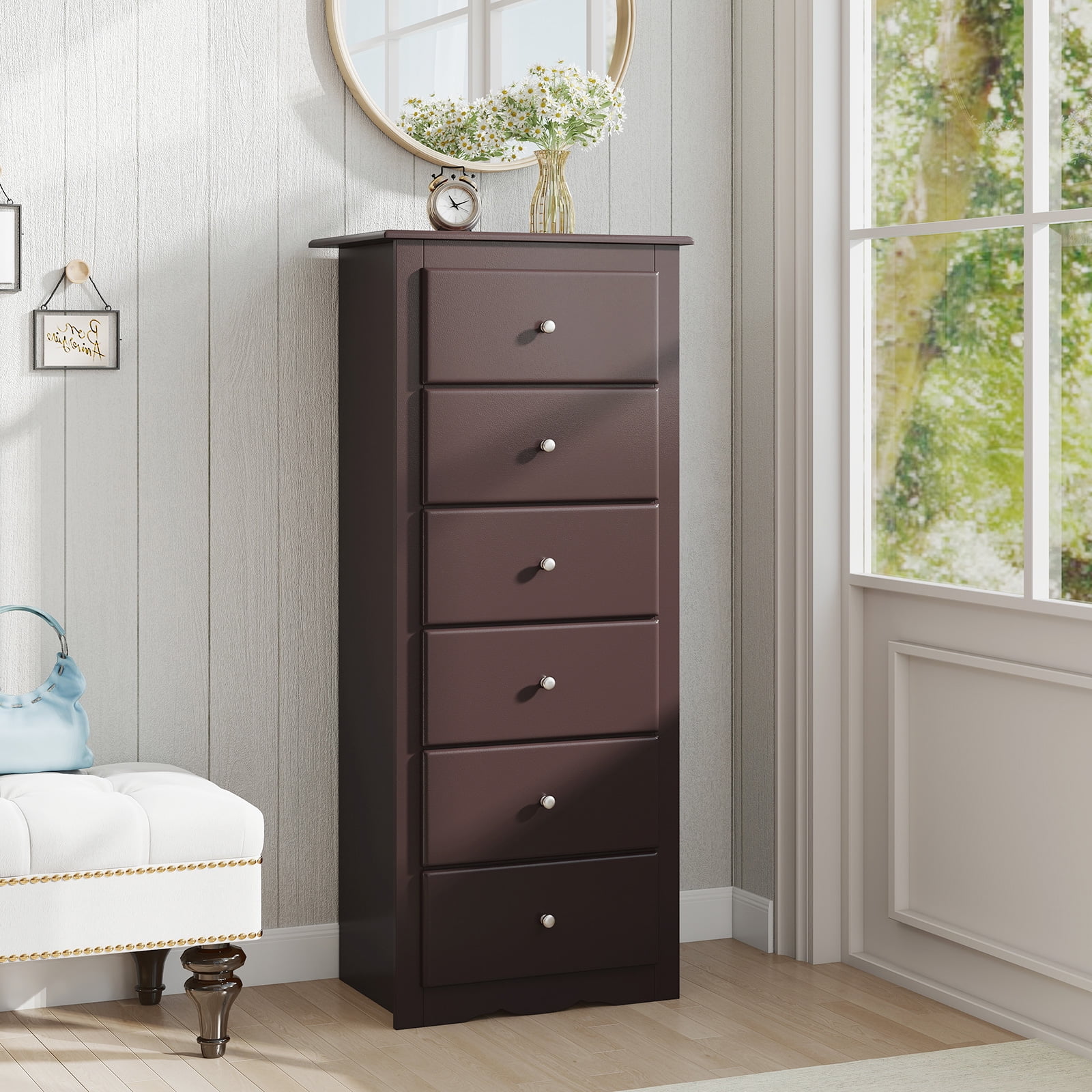 Giantex 6 Dresser Chest, Free Standing Wooden Storage Cabinet, Tall Dresser Clothes Organizer, Brown