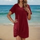 thumbnail image 4 of Traje de baño de bikini informal de color liso con escote en V y manga corta con trenzado lateral para mujer, camisa de playa de poliéster para mujer, 4 of 7