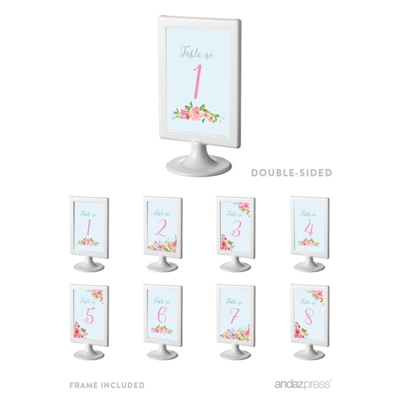 Wedding Pink Roses English Tea Party, 4 x 6-inch Framed Table Numbers 1 - 8,  Double-Sided