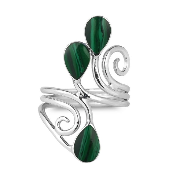 Floral Vine Ornate Teardrop Green Malachite Sterling Silver Ring-11