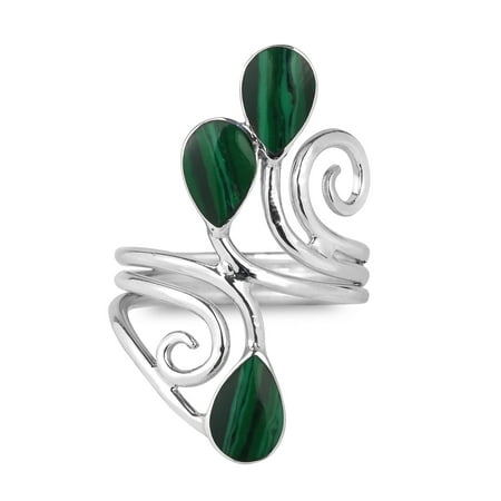 Green Floral Vine - Floral Vine Ornate Teardrop Green Malachite Sterling Silver Ring-7