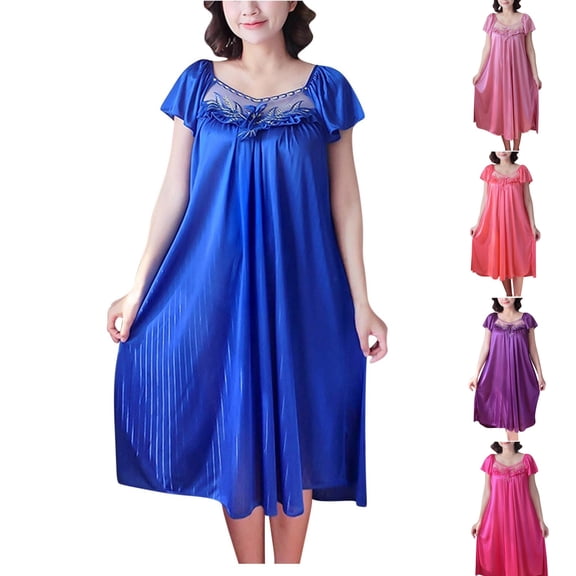 Bixock Nightgowns for Women Silk Nightgown Pleated Loose Night Shirts Short Sleeve Sleep Shirts Lightweight Casual Home Sleep Dress