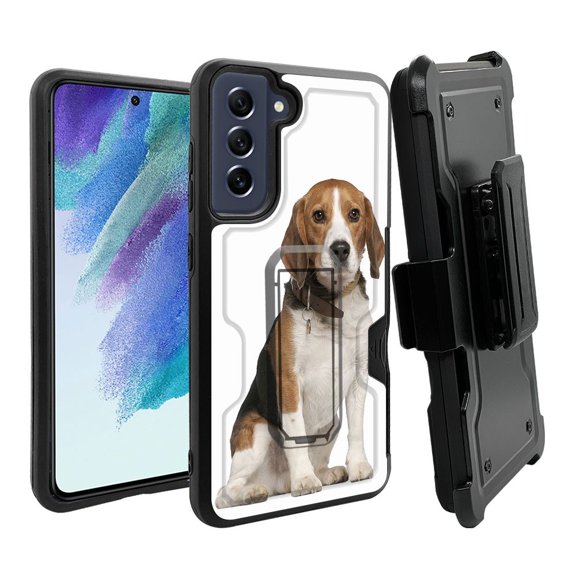 ANJ  Rugged Dual Layer Hybrid Holster Kickstand Case w/ Card Slot   Tempered Glass Cover for Samsung Galaxy S21 FE 5G - Beagle Puppy