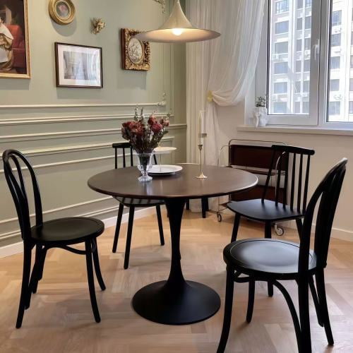 Modern Round Dining Table 31.5 inch, Small Space Kitchen Table with Metal Base, Multi-Functional Center Table for Dining Room, Living Room, Office, Walnut