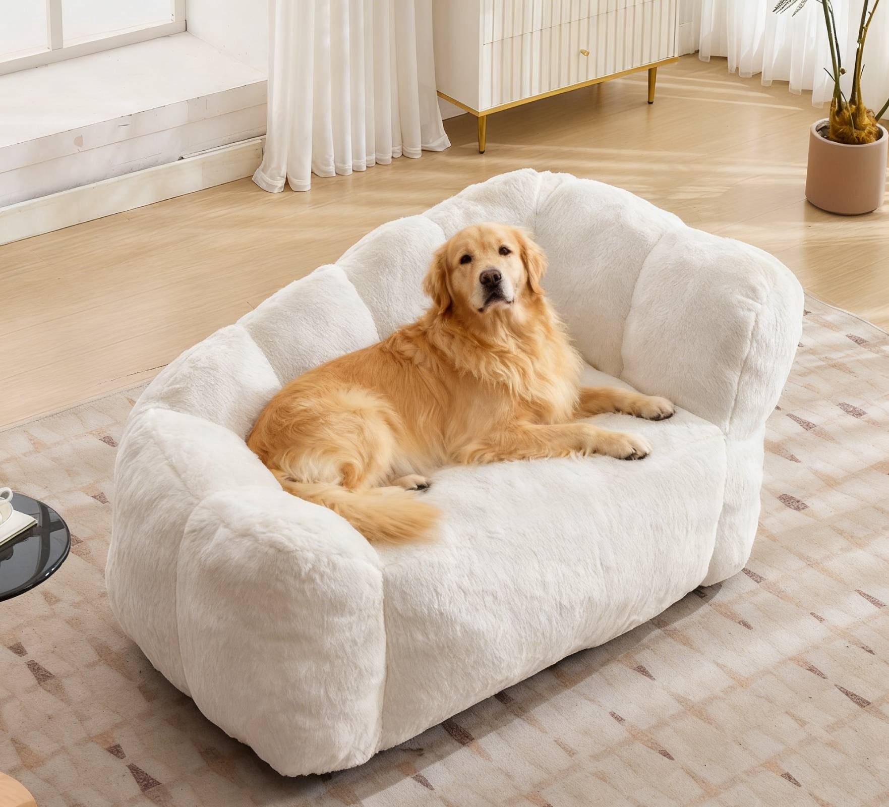 Dog Sofa Couch Bed for Large Dogs, 51" Pet Sofa with Faux Fur Fabric, Comfortable Pet Couch with Backrest and Armrests Beige