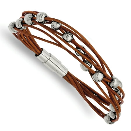 Brown Leather Cord Bracelet - Stainless Steel Beads Brown Leather 7.5 Inch Bracelet Cord Leatrubber For Women