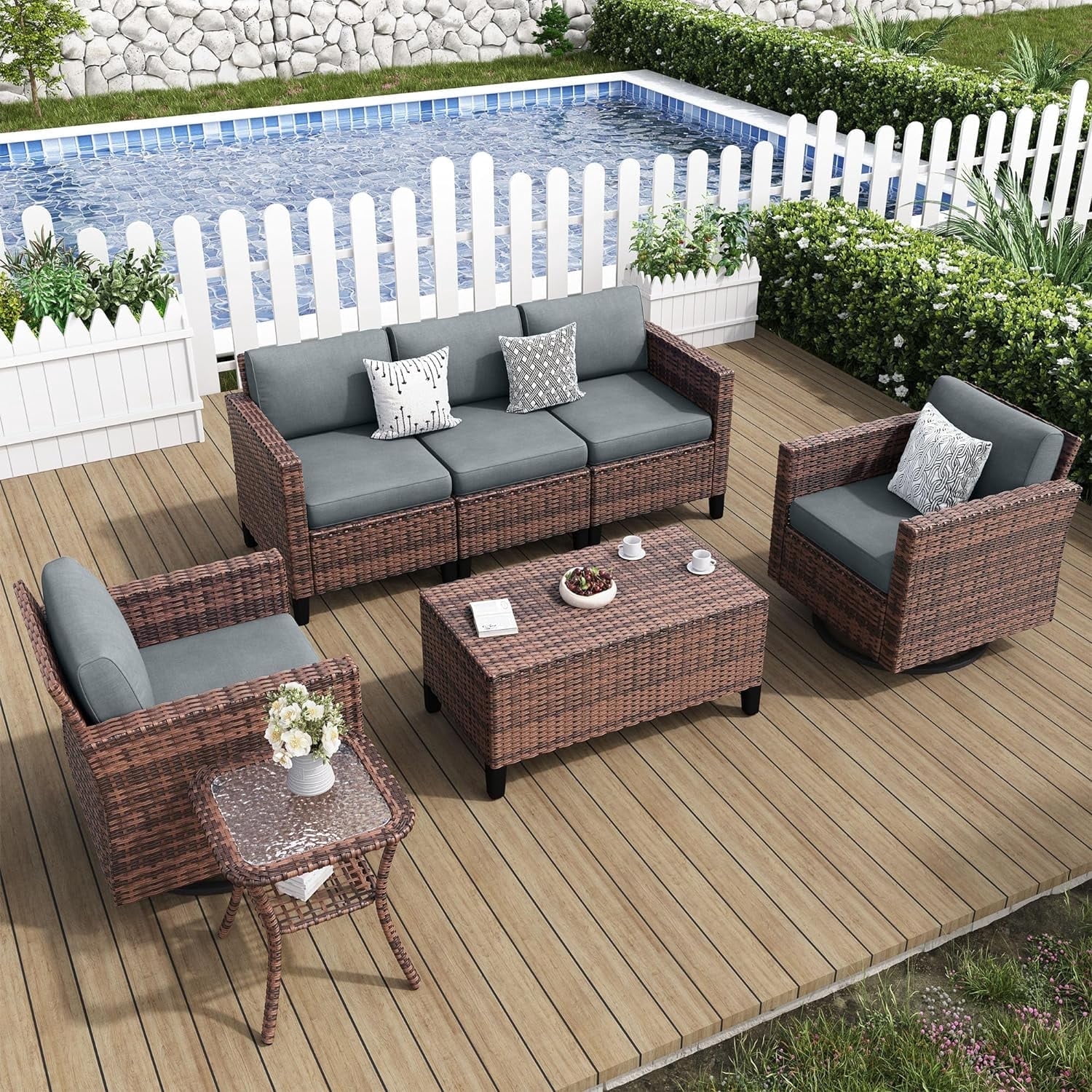 ELPOSUN 7-Piece Wicker Patio Furniture Set, Rattan Sectional Sofa, Storage Table, Swivel Chairs, Waterproof Covers