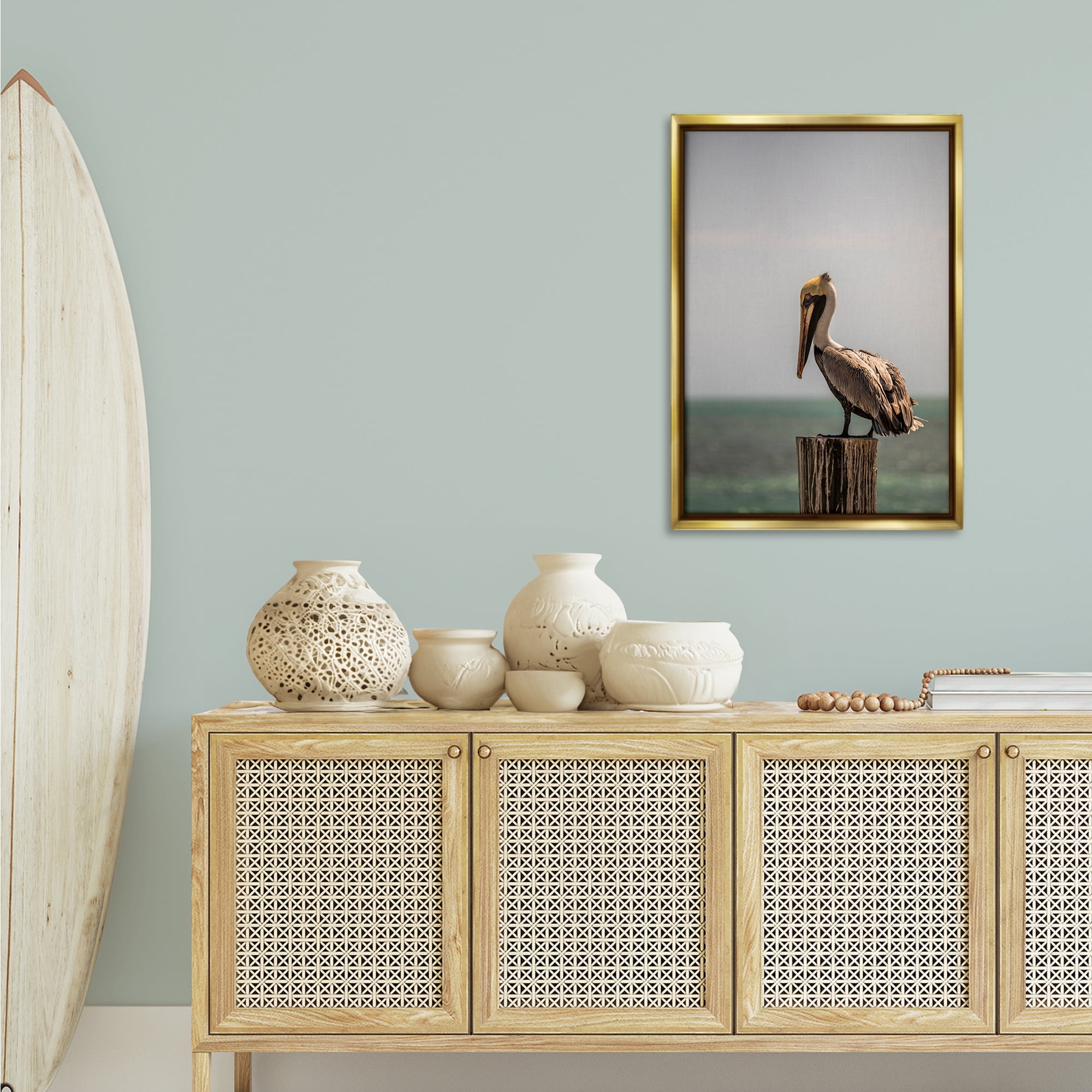 Stupell Industries Nautical Landscape Pelican Animals Photography Gold Floater Framed Canvas Art Print Wall Art, 21 x 31
