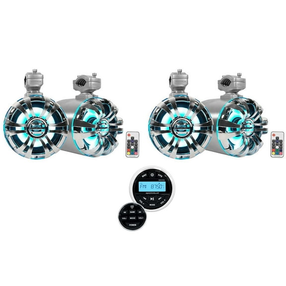 (4) Rockville WB65KLED 6.5" LED Marine Wakeboard Swivel Tower Speakers Receiver