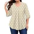 thumbnail image 5 of Abcomgle Plus Size Blouses for Women Cute Plus Spring Tops V Neck Polka Dot Print 3/4 Sleeve Tops Pleat Hem Casual Graphic Tees Women Loose Fit Clothes XL,Khaki, 5 of 5