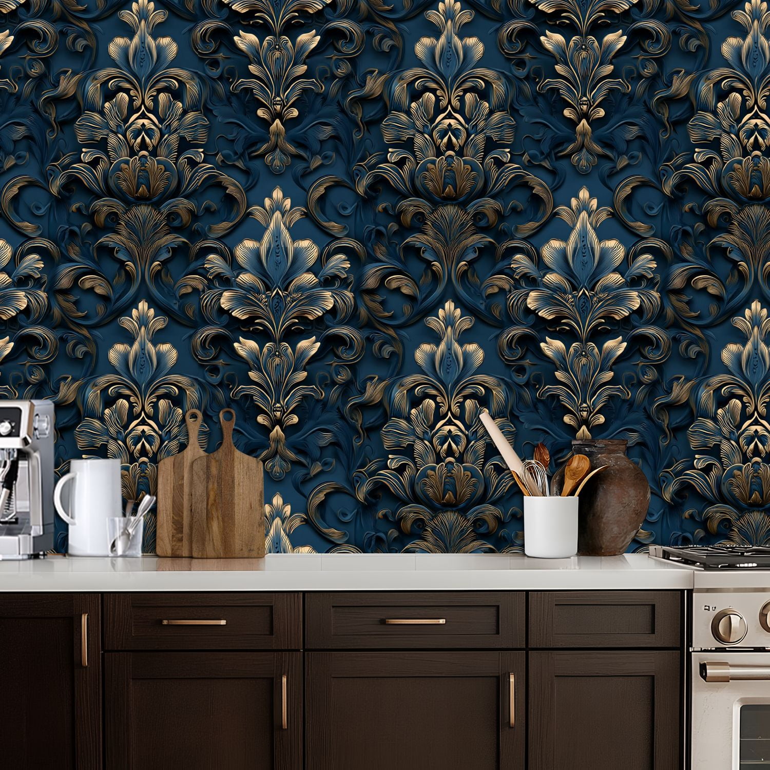 Peel and Stick Wallpaper Luxurious Baroque Floral Deep Blue Gold Embossed Style Wall Mural 17.7in x 9.8ft Self Adhesive Removable Wall Paper Renter Friendly Wallpaper for Nursery Bedroom Cabinets