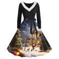 thumbnail image 1 of Simua Robes de Noël pour Femmes Col en V Fausse Fourrure Manches Longues Robe d'Hiver Imprimée Bal Robe Trapèze avec Ceinture, 1 of 3