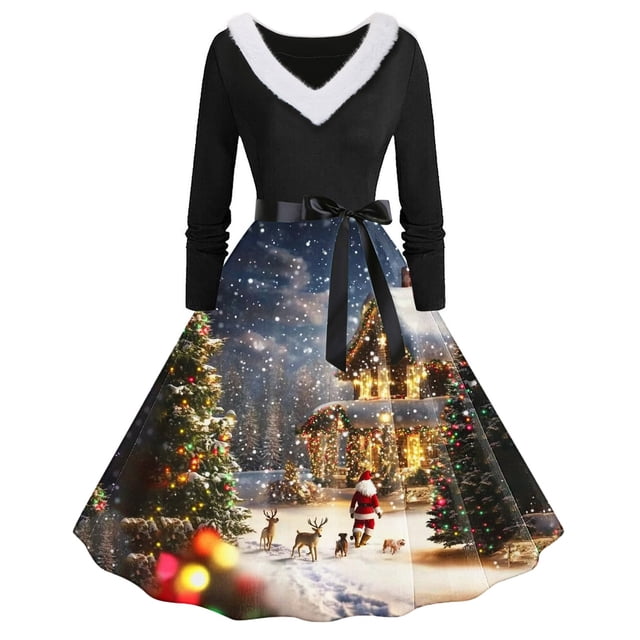 Simua Robes de Noël pour Femmes Col en V Fausse Fourrure Manches Longues Robe d'Hiver Imprimée Bal Robe Trapèze avec Ceinture
